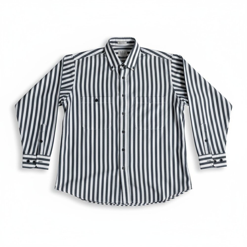 Kenny Rogers Black White Striped Button Down Shirt Size Large 16-16.5 100% Cotto